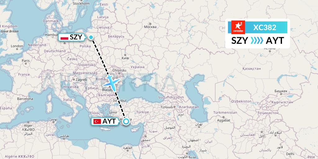 XC382 Corendon Airlines Flight Map: Olsztyn to Antalya