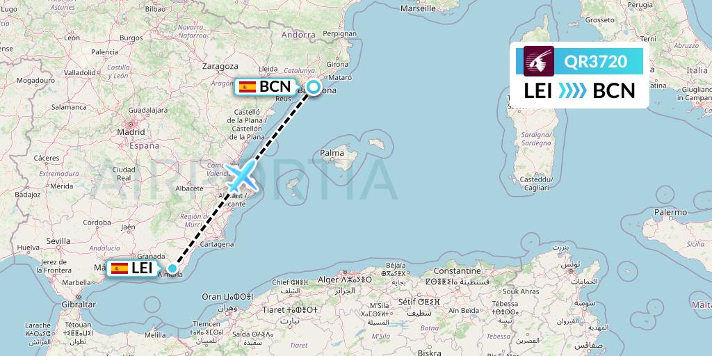 QR3720 Qatar Airways Flight Map: Almeria to Barcelona