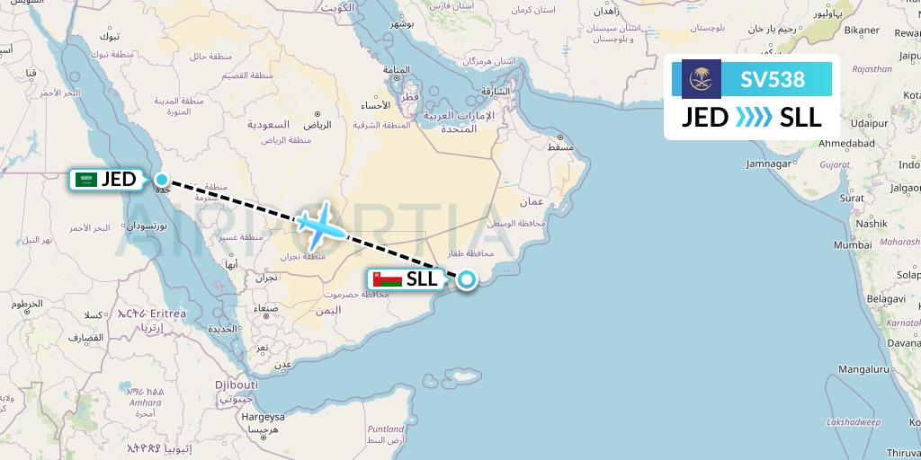 SV538 Saudi Arabian Airlines Flight Map: Jeddah to Salalah
