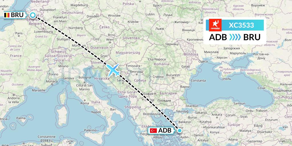 XC3533 Corendon Airlines Flight Map: Izmir to Brussels