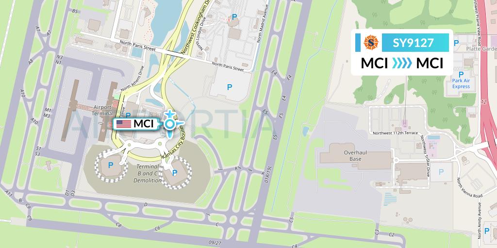 SY9127 Sun Country Airlines Flight Map: Kansas City to Kansas City