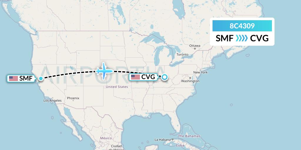 8C4309 Air Transport International Flight Map: Sacramento to Cincinnati