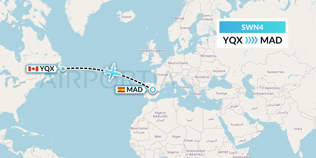 SWN4 West Atlantic Sweden Flight Map: Gander to Madrid