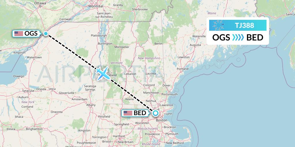 TJ388 Tradewind Aviation Flight Map: Ogdensburg to Bedford