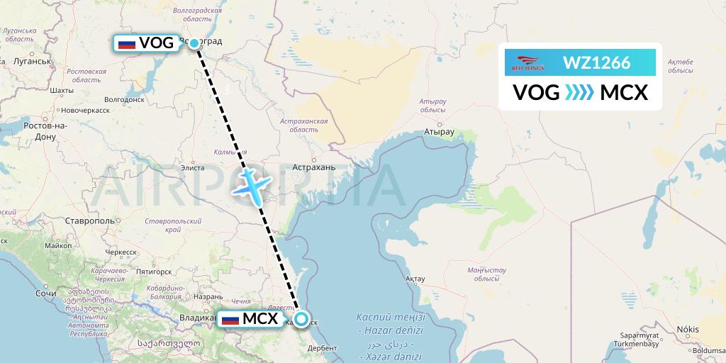 WZ1266 Red Wings Flight Map: Volgograd to Makhachkala