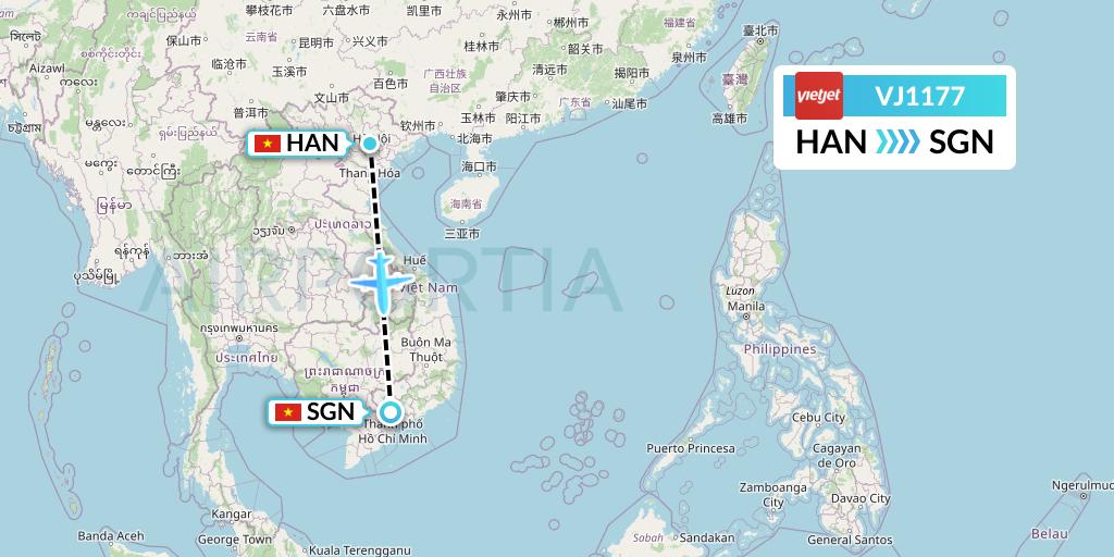 VJ1177 VietJet Air Flight Map: Hanoi to Ho Chi Minh City