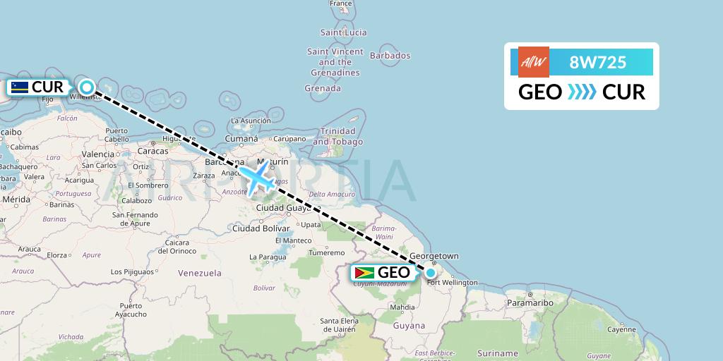 8W725 Fly AllWays Flight Map: Georgetown to Willemstad