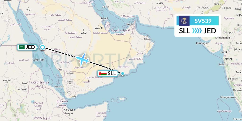 SV539 Saudi Arabian Airlines Flight Map: Salalah to Jeddah