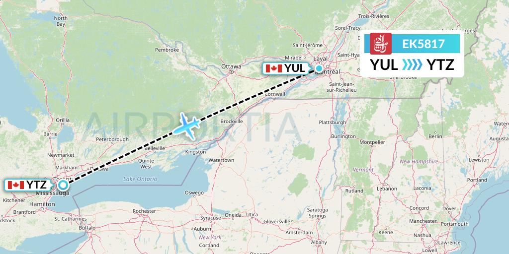 EK5817 Emirates Flight Map: Montreal to Toronto