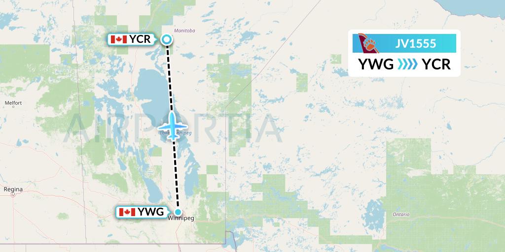 JV1555 Bearskin Airlines Flight Map: Winnipeg to Cross Lake