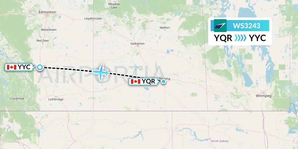 WS3243 WestJet Flight Map: Regina to Calgary