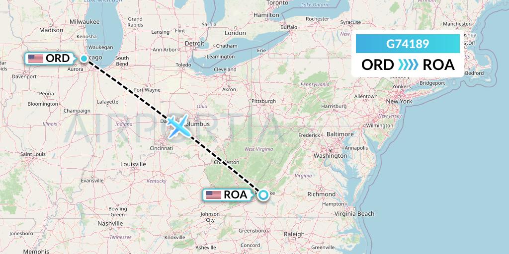 G74189 GoJet Flight Map: Chicago to Roanoke