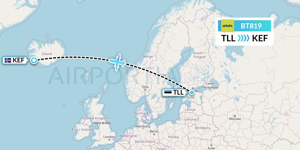 BT819 Air Baltic Flight Map: Tallinn to Reykjavik