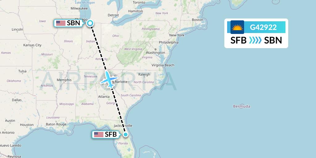 G42922 Allegiant Air Flight Map: Orlando to South Bend