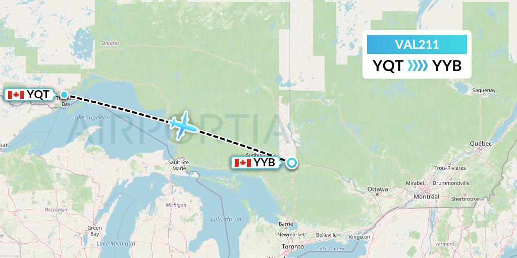 VAL211 Voyageur Airlines Flight Map: Thunder Bay to North Bay