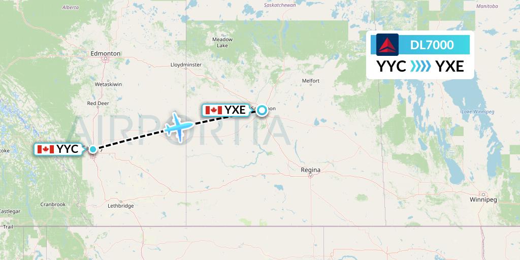 DL7000 Delta Air Lines Flight Map: Calgary to Saskatoon