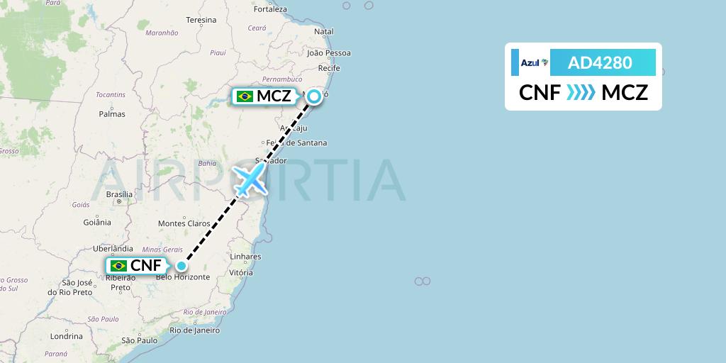 AD4280 Azul Brazilian Airlines Flight Map: Belo Horizonte to Maceio