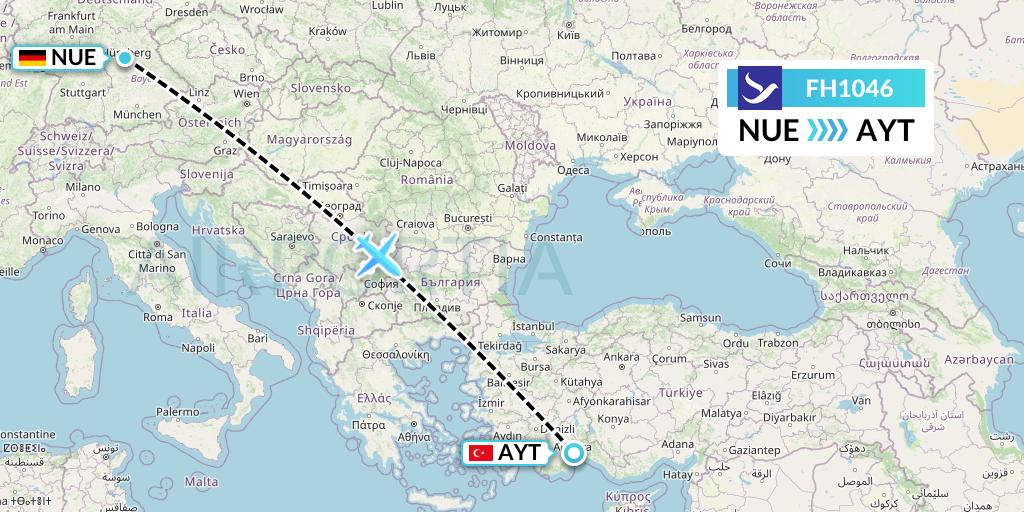 FH1046 Freebird Airlines Flight Map: Nurnberg to Antalya