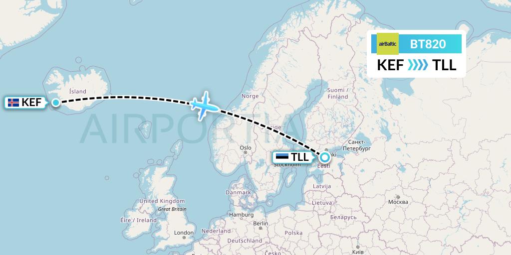 BT820 Air Baltic Flight Map: Reykjavik to Tallinn