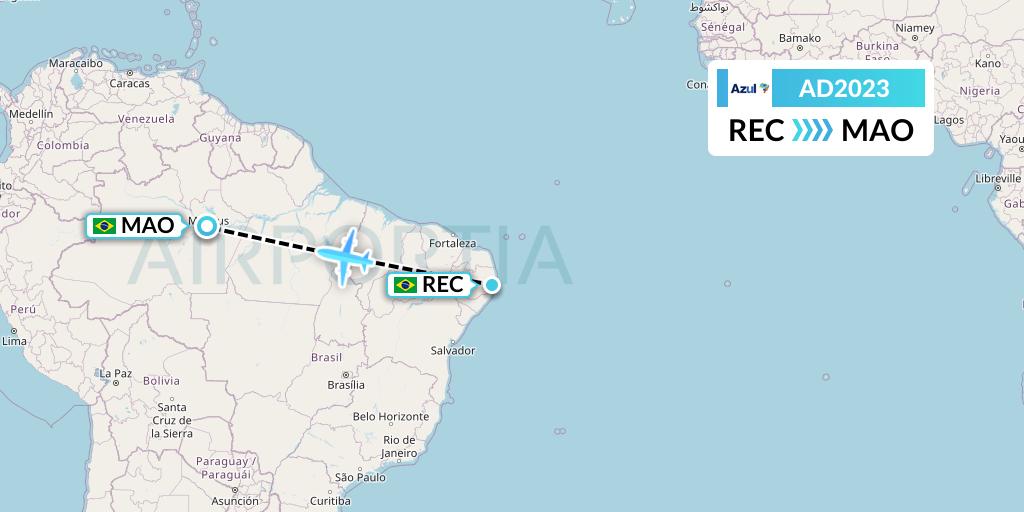 AD2023 Azul Brazilian Airlines Flight Map: Recife to Manaus