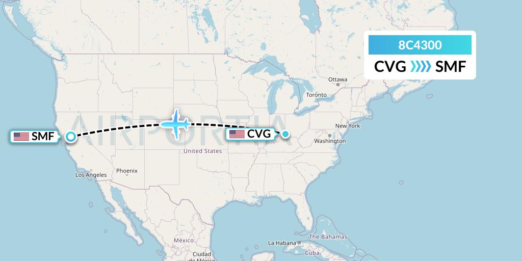 8C4300 Air Transport International Flight Map: Cincinnati to Sacramento