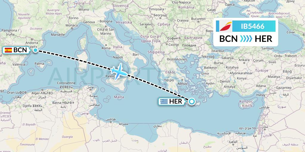 IB5466 Iberia Flight Map: Barcelona to Heraklion