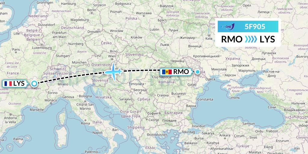 5F905 Fly One Flight Map: Chisinau to Lyon