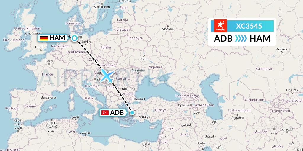 XC3545 Corendon Airlines Flight Map: Izmir to Hamburg