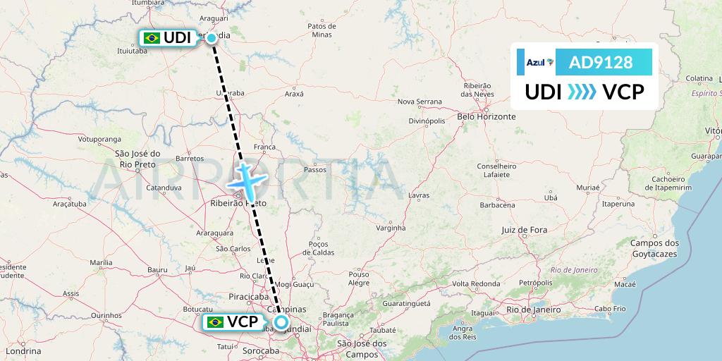 AD9128 Azul Brazilian Airlines Flight Map: Uberlandia to Campinas