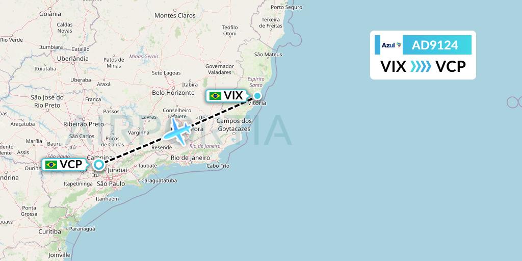 AD9124 Azul Brazilian Airlines Flight Map: Vitoria to Campinas