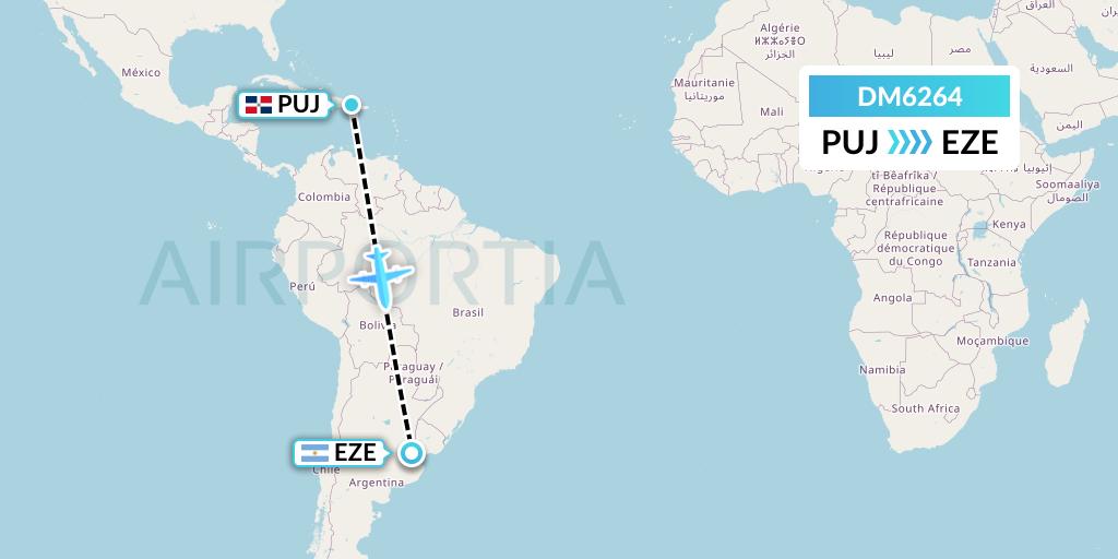 DM6264 Arajet Flight Map: Punta Cana to Buenos Aires