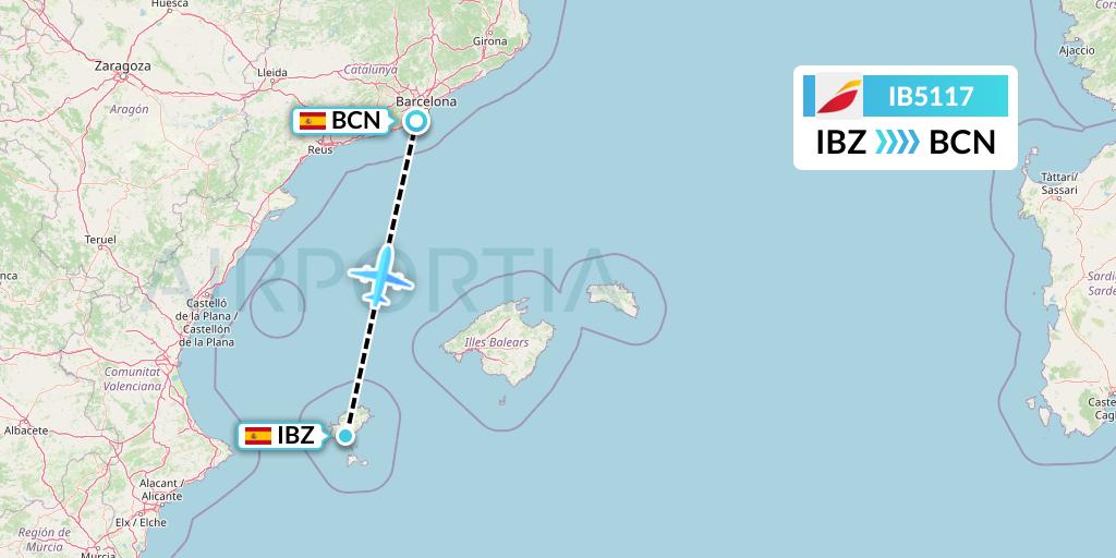 IB5117 Iberia Flight Map: Ibiza to Barcelona
