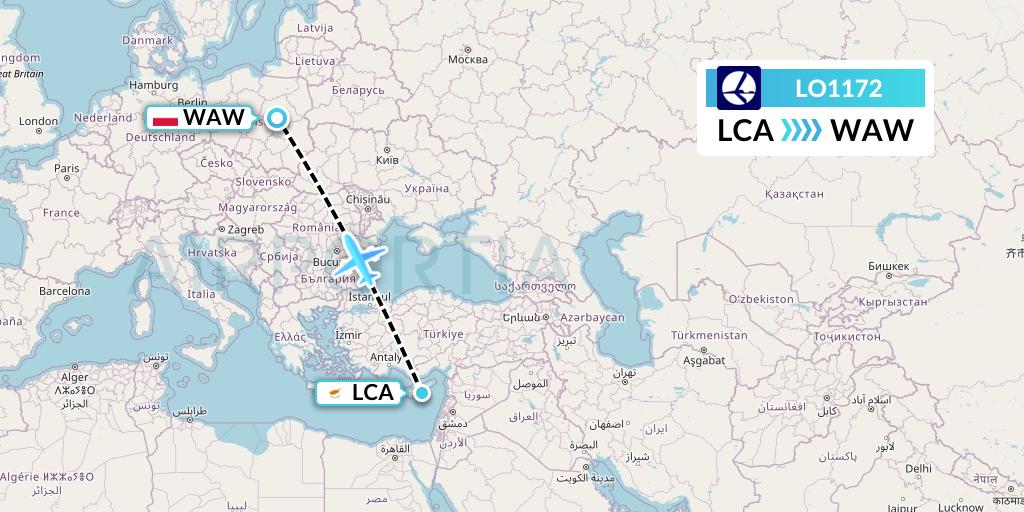 LO1172 LOT Flight Map: Larnaca to Warsaw