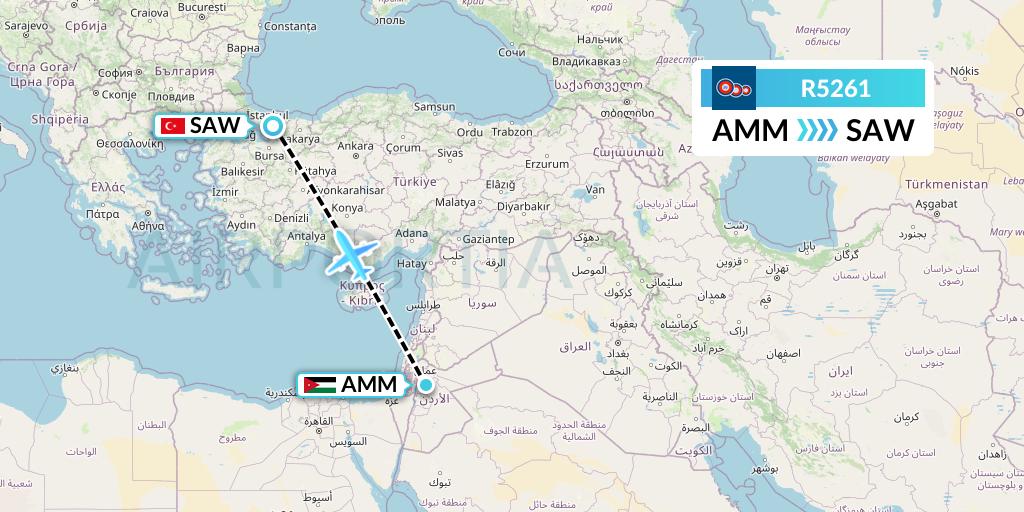 R5261 Jordan Aviation Flight Map: Amman to Istanbul