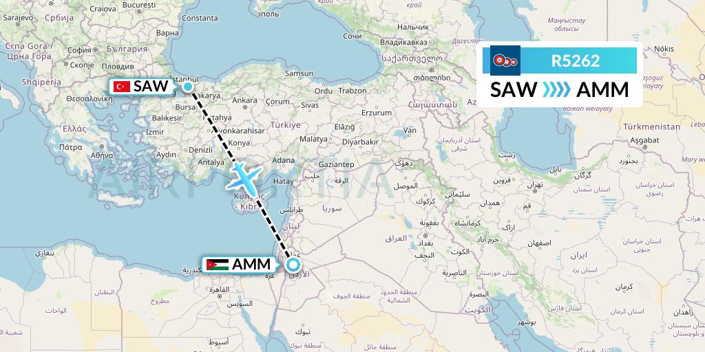R5262 Jordan Aviation Flight Map: Istanbul to Amman