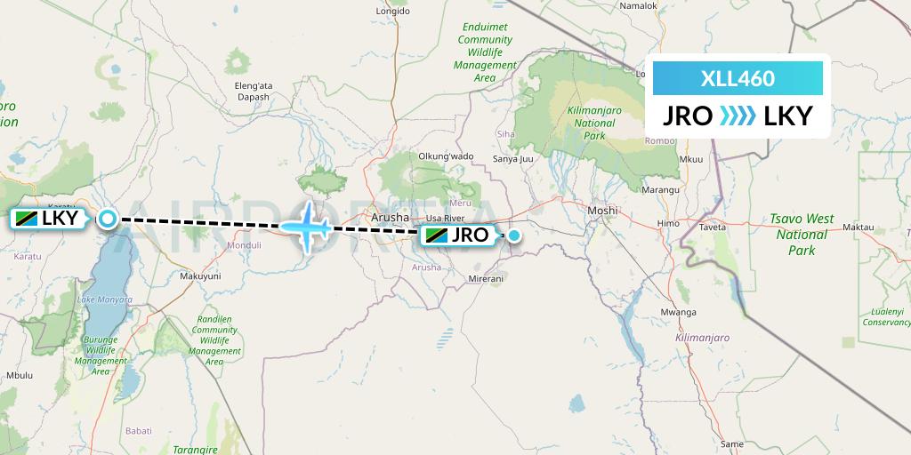 XLL460 Air Excel Flight Map: Kilimanjaro to Lake Manyara National Park