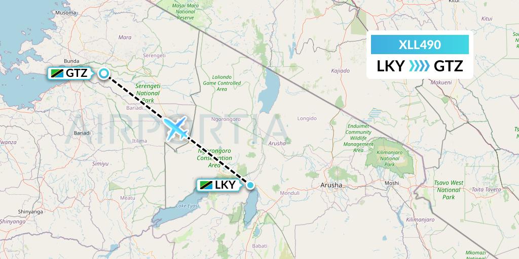 XLL490 Air Excel Flight Map: Lake Manyara National Park to Bunda