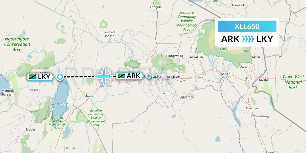 XLL650 Air Excel Flight Map: Arusha to Lake Manyara National Park