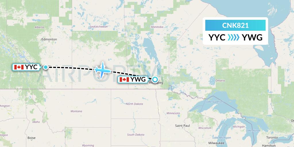 CNK821 Sunwest Aviation Flight Map: Calgary to Winnipeg