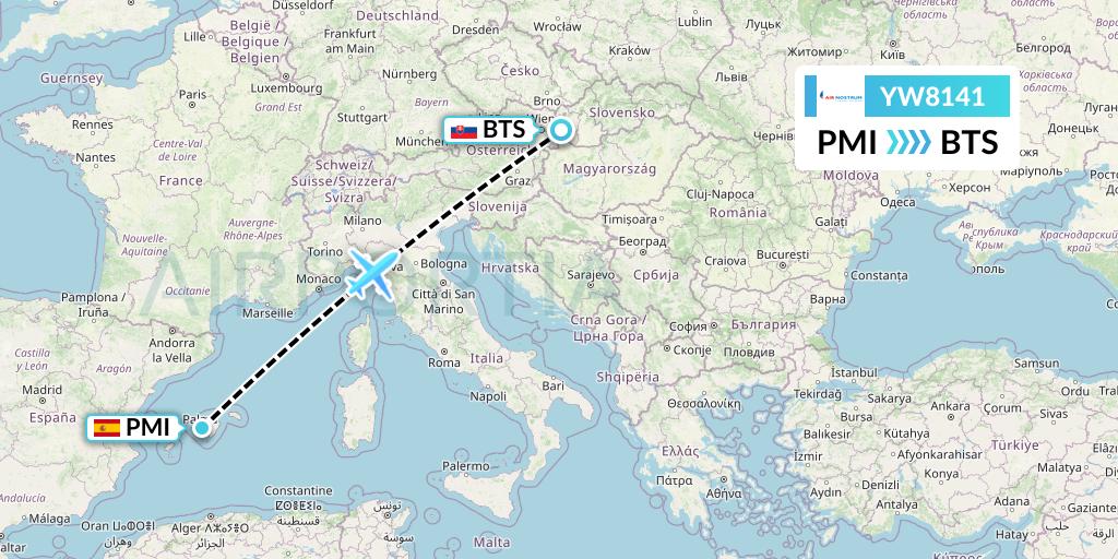 YW8141 Air Nostrum Flight Map: Palma de Mallorca to Bratislava