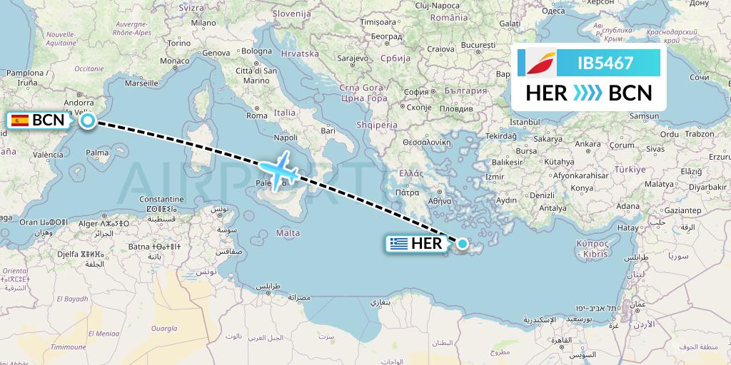 IB5467 Iberia Flight Map: Heraklion to Barcelona