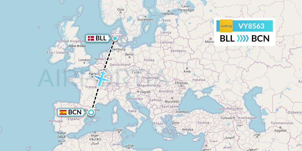 VY8563 Vueling Flight Map: Billund to Barcelona