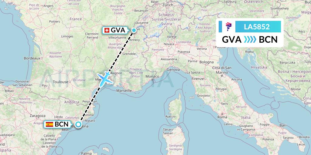 LA5852 LAN Airlines Flight Map: Geneva to Barcelona