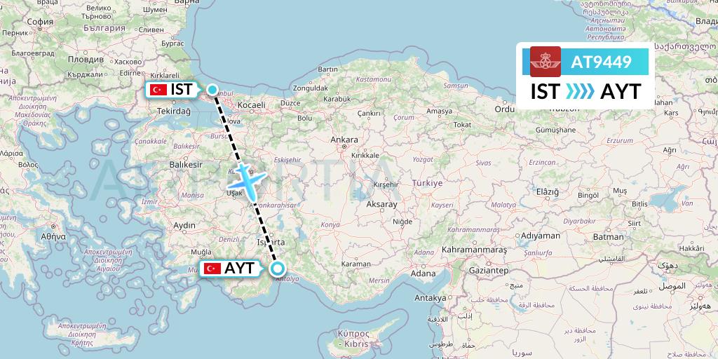 AT9449 Royal Air Maroc Flight Map: Istanbul to Antalya