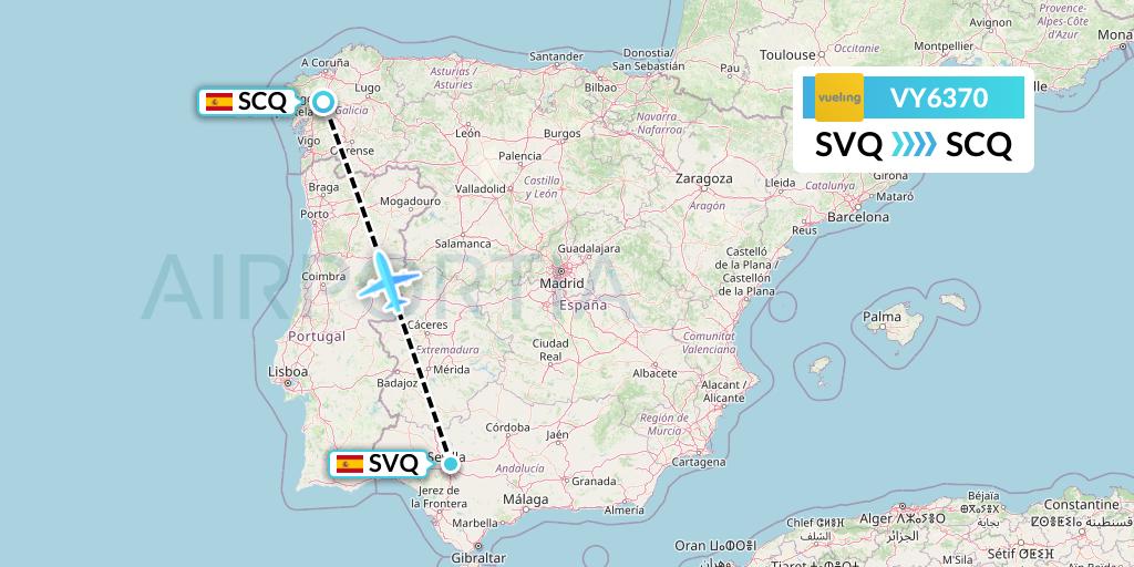 VY6370 Vueling Flight Map: Seville to Santiago
