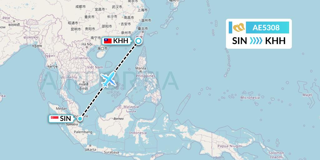 AE5308 Mandarin Airlines Flight Map: Singapore to Kaohsiung