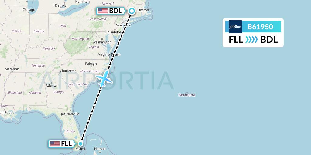 B61950 JetBlue Airways Flight Map: Fort Lauderdale to Windsor Locks