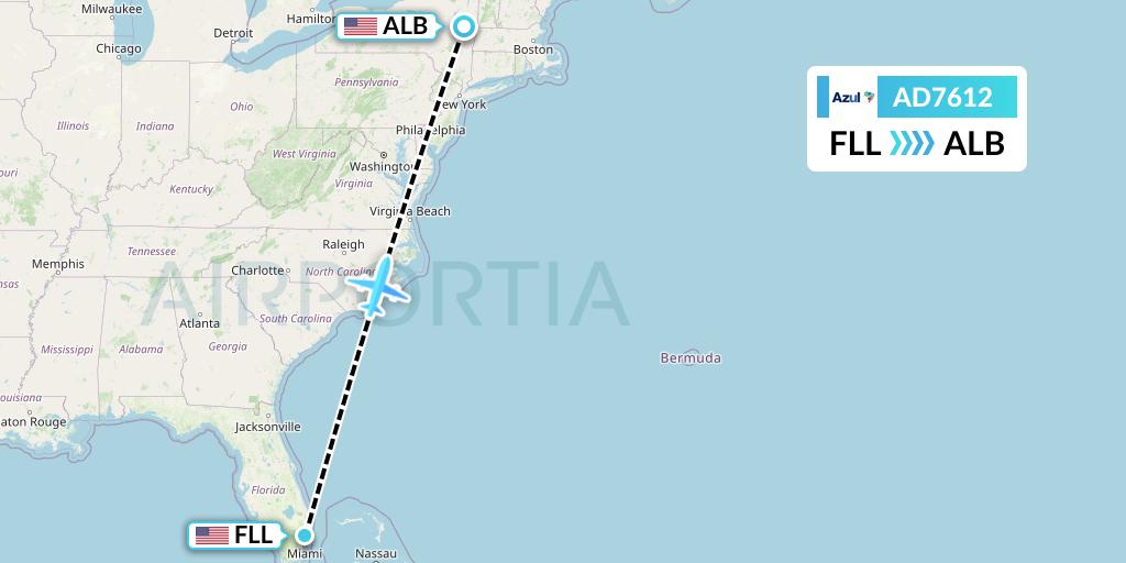 AD7612 Azul Brazilian Airlines Flight Map: Fort Lauderdale to Albany
