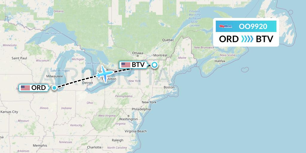 OO9920 SkyWest Airlines Flight Map: Chicago to Burlington