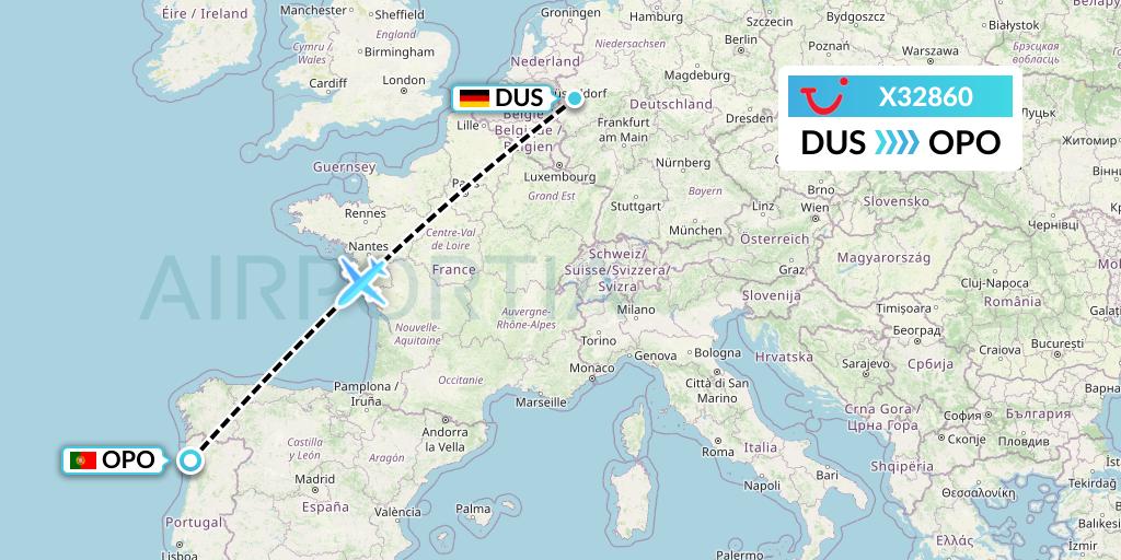X32860 TUI fly Germany Flight Map: Dusseldorf to Porto